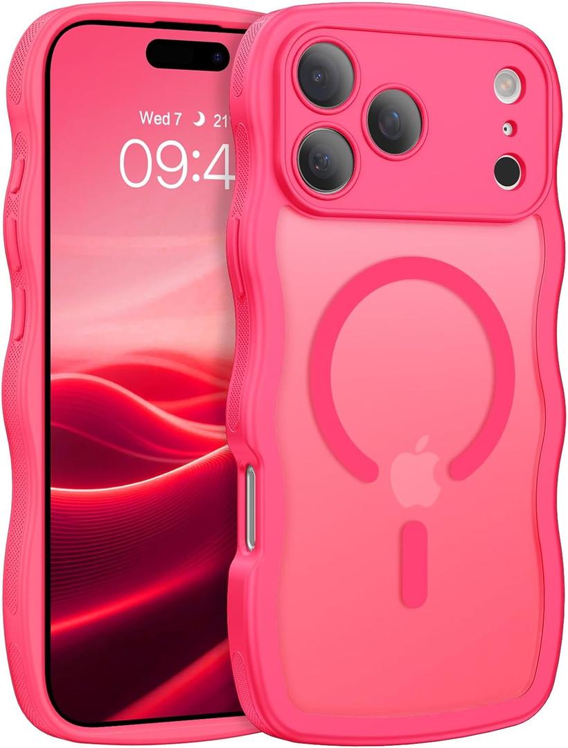 BENTOBEN Magnetic for iPhone 17 Pro Max Case, Cute Wavy [Full Camera Protection][Compatible with MagSafe] Matte Anti-Slip Bumper Women Girls Boys Protective Cover for 17 ProMax 6.9", Hot Pink