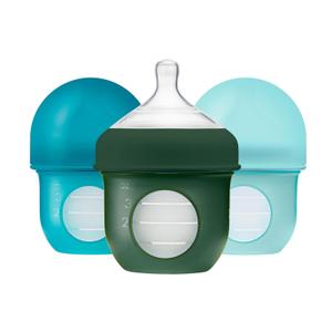 Boon Nursh Reusable Silicone Pouch Baby Bottles - Slow Flow Nipple - Silicone Baby Bottle Pouch and Nipple - Baby Feeding Essentials - Blue - 0-3 Months - 3 Count - 4 Ounce