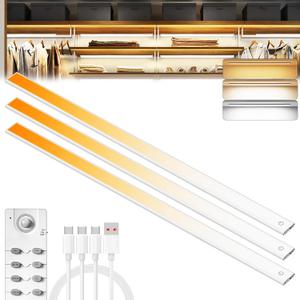 276 LED Under Cabinet Lights Wireless with Full Lighting,Rechargeable Closet Lights with Remote and Motion Sensor Indoor,Under Counter Light with CCT and Dimmable for Kitchen,Stair(3 Pack,31.5inch), 80CM