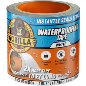 Gorilla Waterproof Patch & Seal Tape, White Tape, 4" x 10' (Pack of 1) - Permanent Weather Resistant Seal for Leaks and Repairs