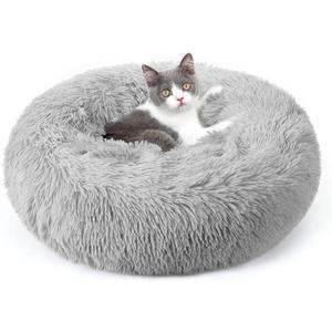 rabbitgoo Cat Beds for Indoor, 20 inches Machine Washable, Fluffy Round Pet Bed Non-Slip, Calming Soft Plush Donut Cuddler Cushion Self Warming for Small Dogs Kittens, Light Grey, Medium (20"L x 20"W x 4.7"Th)