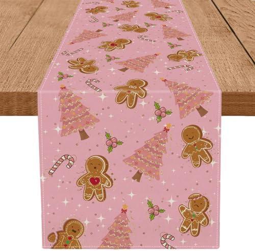 Gingerbread Christmas Decorations Pink Table Runner Pink Tree Glitter Xmas Winter Candy Cane Holiday Kitchen Dining Merry Christmas Table Decor 13x36 Inch