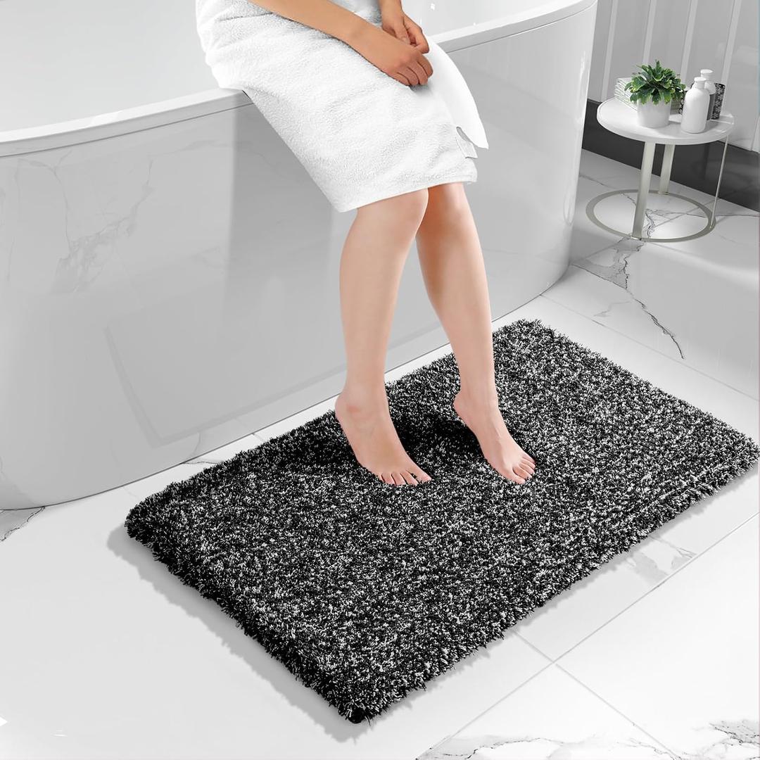 Yimobra Black and White Bathroom Rugs, Luxury Fluffy Bath Mats, Non Slip, Water Absorbent Microfiber, Machine Washable, Plush Runner Carpet Shower Rugs, Thick Matts for Bathroom Floor&Tub, 44" X 24"