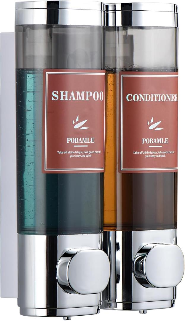 Shampoo and Conditioner Dispenser Wall Mounted Shower Soap Dispenser No Drill Shampoo Dispenser for Shower 2 Chamber Bathroom Body Wash Shower Gel Holder Chrome