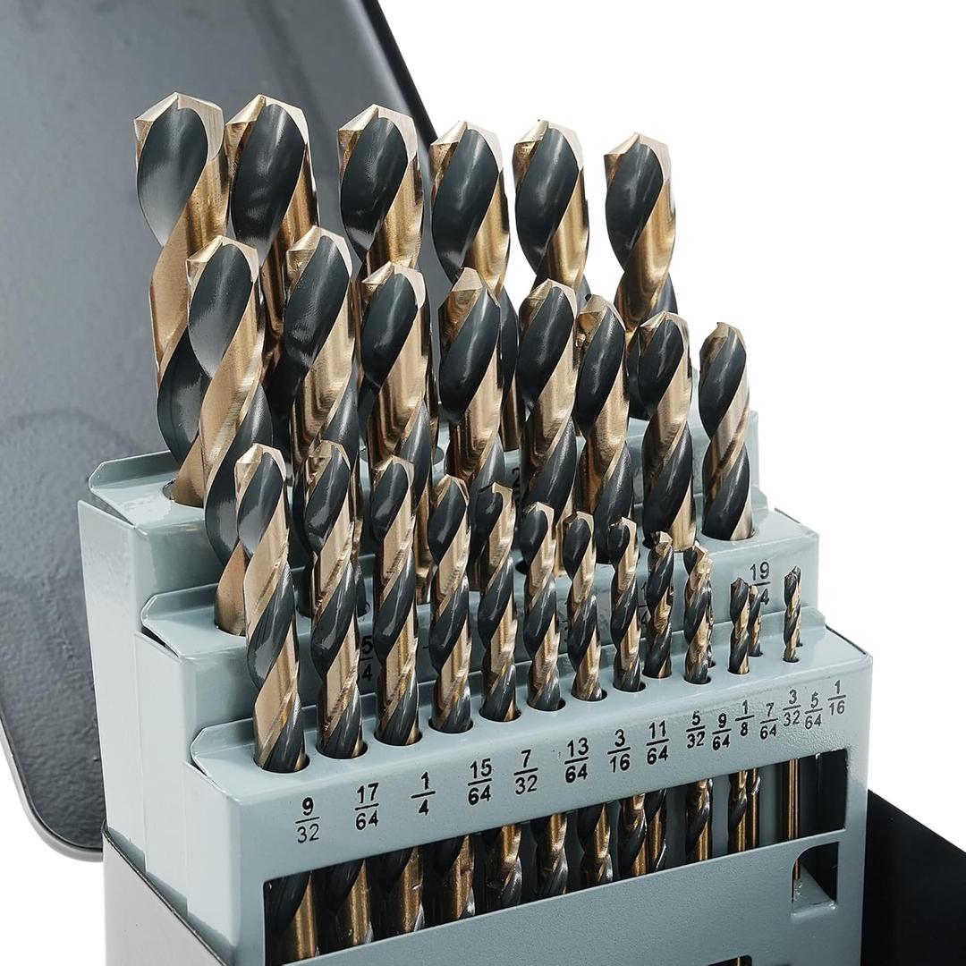 29Pcs Cobalt Drill Bit Set, 135 Degree Tip High Speed Steel with Black and Gold Finish, Stainless Steel, Plastic and Wood with Metal Indexed Storage Case 1/16"-1/2"