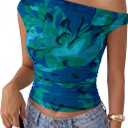 PRETTYGARDEN Women's Off Shoulder Tops 2026 Summer Going Out Crop Tank Tops Asymmetrical Floral Mesh Tight Y2K Shirts Clothes (Blue, XL)