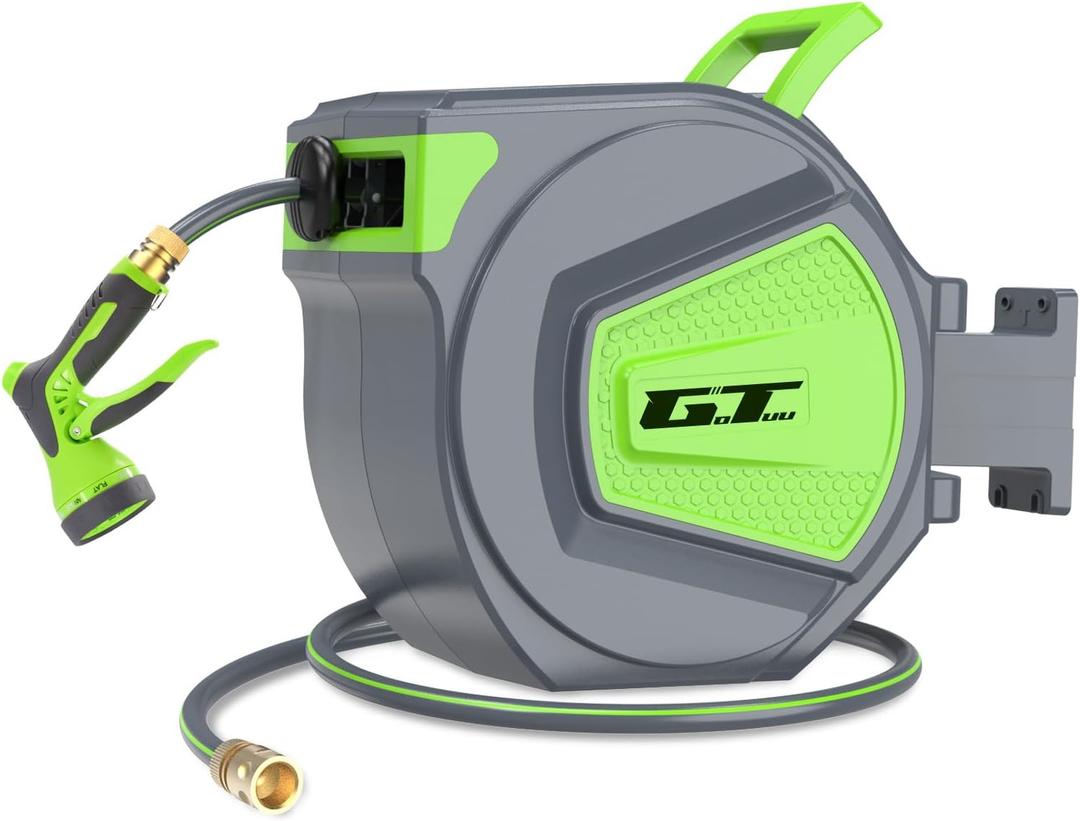 Retractable Garden Hose Reel, 1/2 in x 100 ft Water Hose Reel, Wall Mounted, Auto Slow Rewind System, Any Length Lock