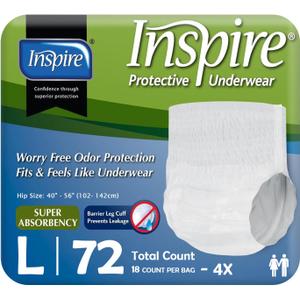 Inspire Protective Underwear for Men and Women | Adult Diapers for Bowel Incontinence | Disposable Underwear for Women and Men (Large) 72 Ct