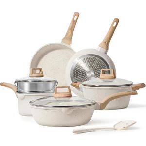 CAROTE Pots and Pans Set Nonstick, White Granite Induction Kitchen Cookware Set, 10 Pcs Non Stick Cooking Set w/Frying Pans & Saucepans (PFOS, PFOA Free)