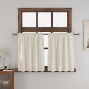 Cream Small Tiers 2 Pack Faux Linen Textured Kitchen Short Small Mini Window Curtains Valance 24 inches Length Privacy Home Decor Classic Cafe Basement Living Room/Bedroom 34W by 24L Rod Pocket