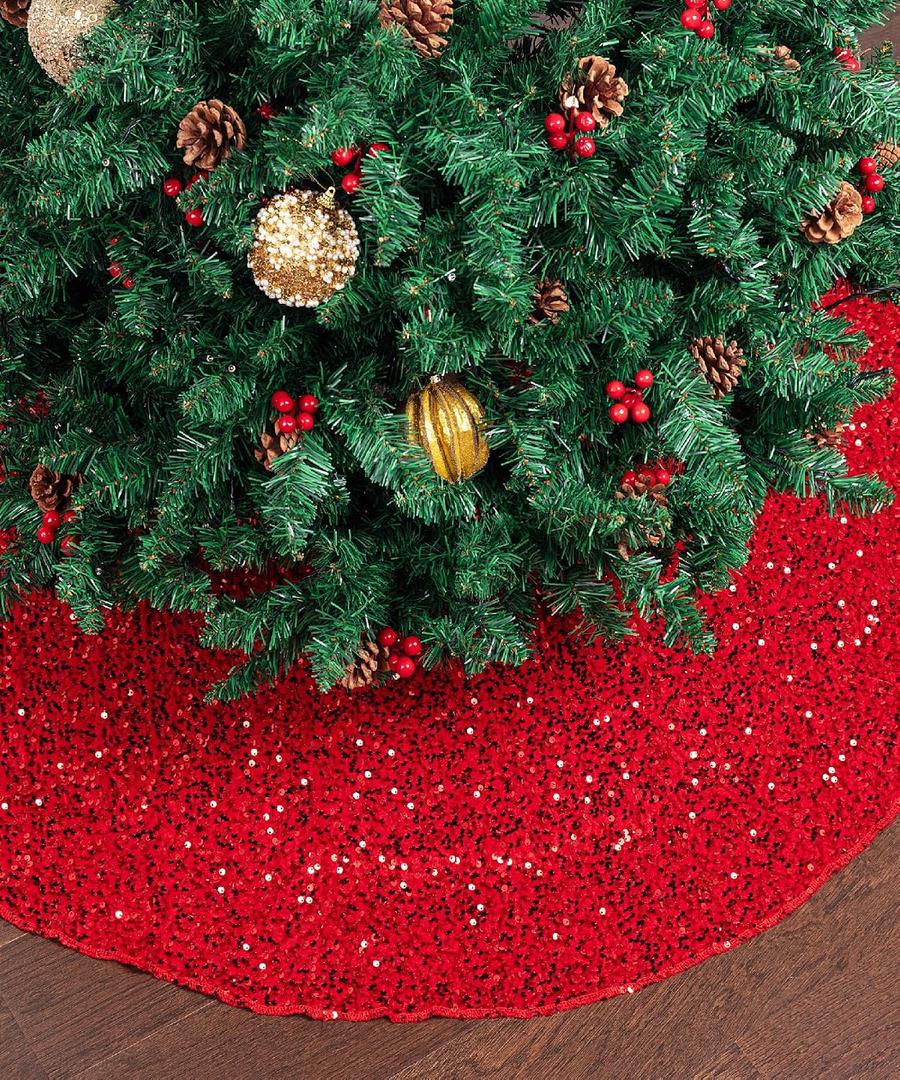 Mr. Pen- Small Christmas Tree Skirt 24 inch, Red Sequin Tree Skirt