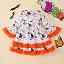 Halloween Little Girl Dress Pumpkin/Bat Outfit Flared Sleeve Ruffled Dresses 3-8T (White)