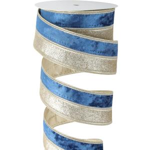 Navy Blue Velvet Wired Ribbon 2.5 Inch x 10 Yards, Champagne Glitter Two Tone Christmas Ribbon for Tree, Wreaths, Bows, Garlands, Gift Wrapping, Wedding Decor