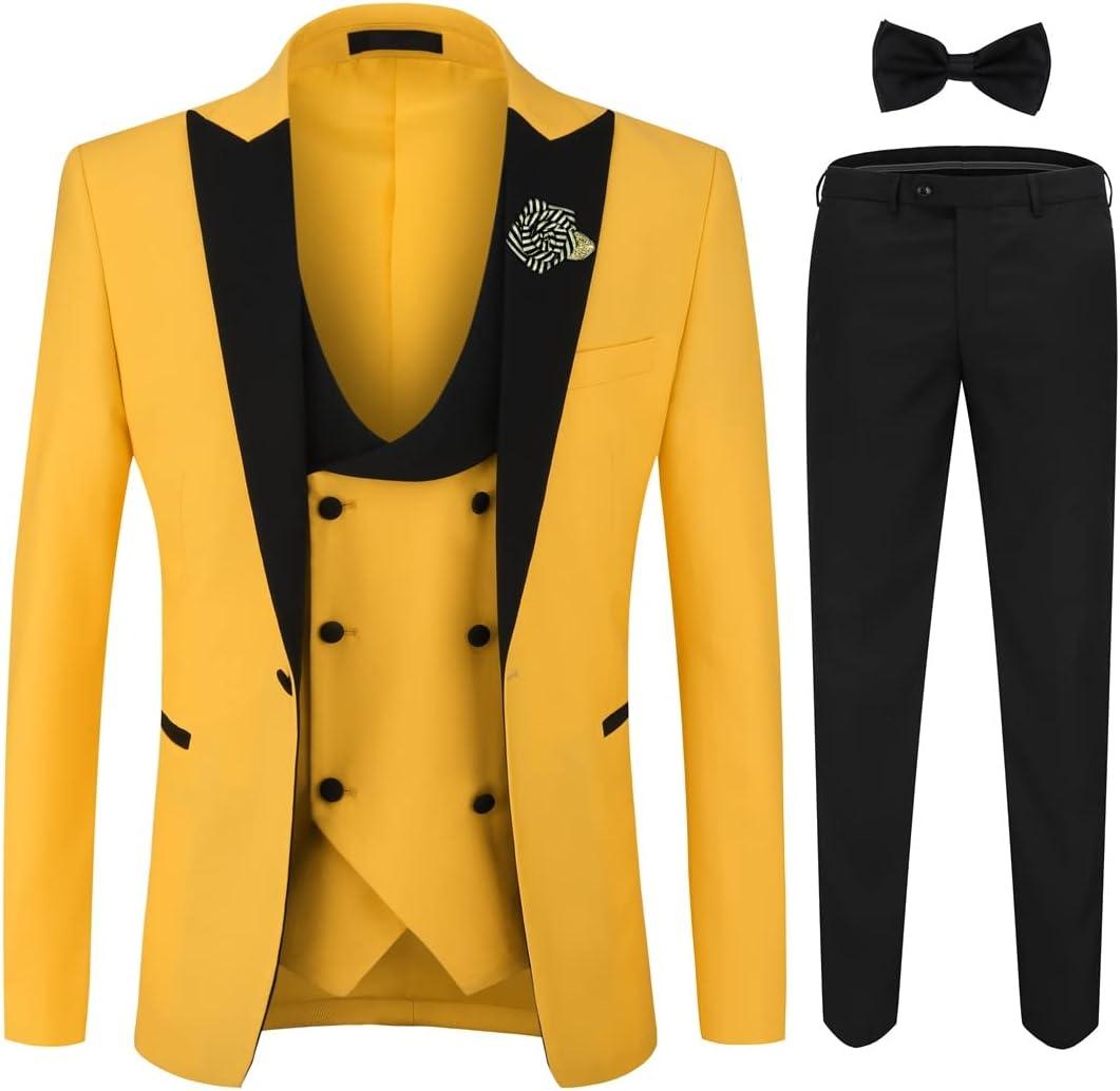 YFFUSHI Men's 3 Piece Suit Slim Fit One Button Prom Suits Set Blazer Vest Trousers S