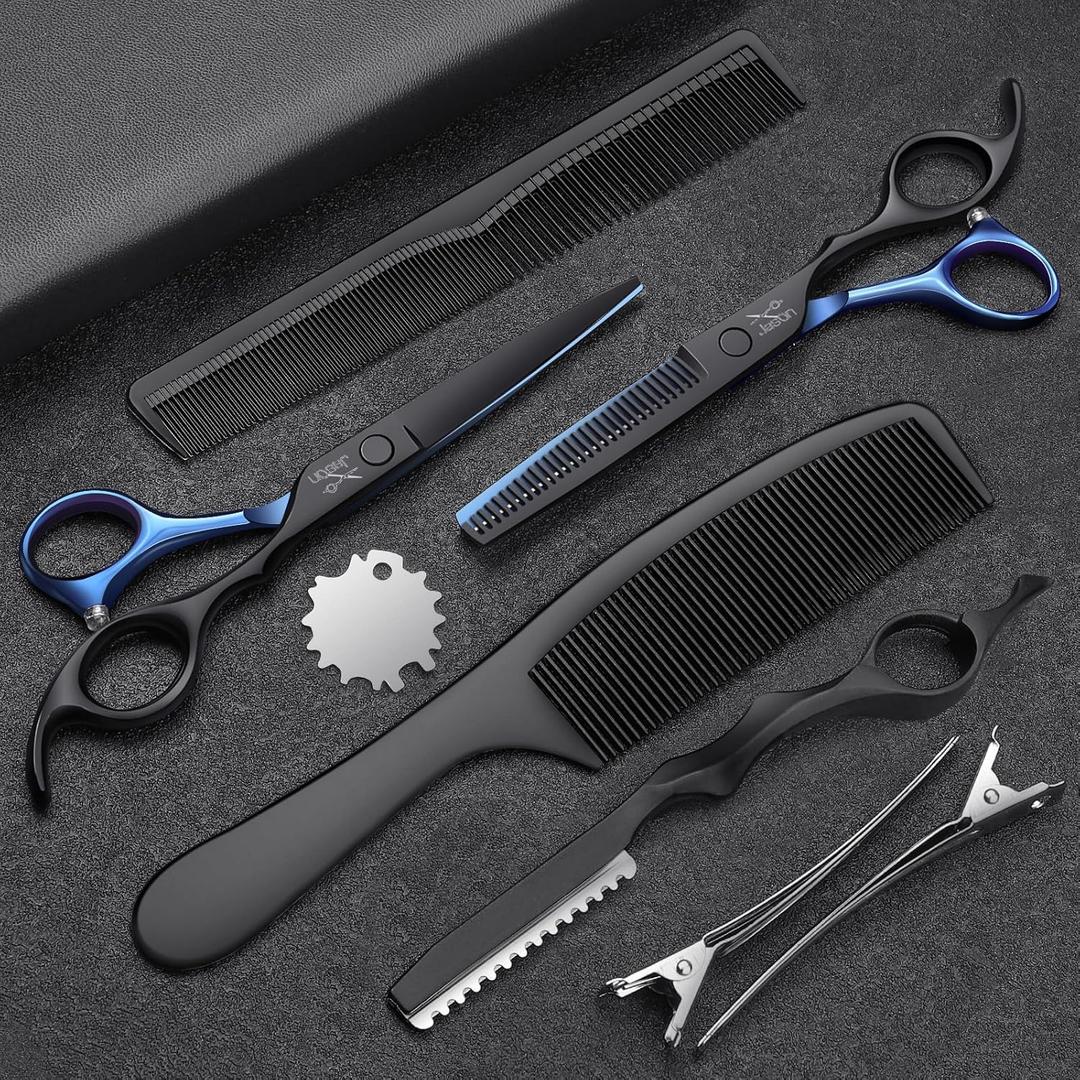 JASON Hair Cutting Scissors Kit - Professional 10 PCS Haircut Scissors Set with 6.7" Thinning/Texturizing Scissors, Straight Shears for Men Women Home Salon Barber (30 Teeth, Black & Blue) Christmas