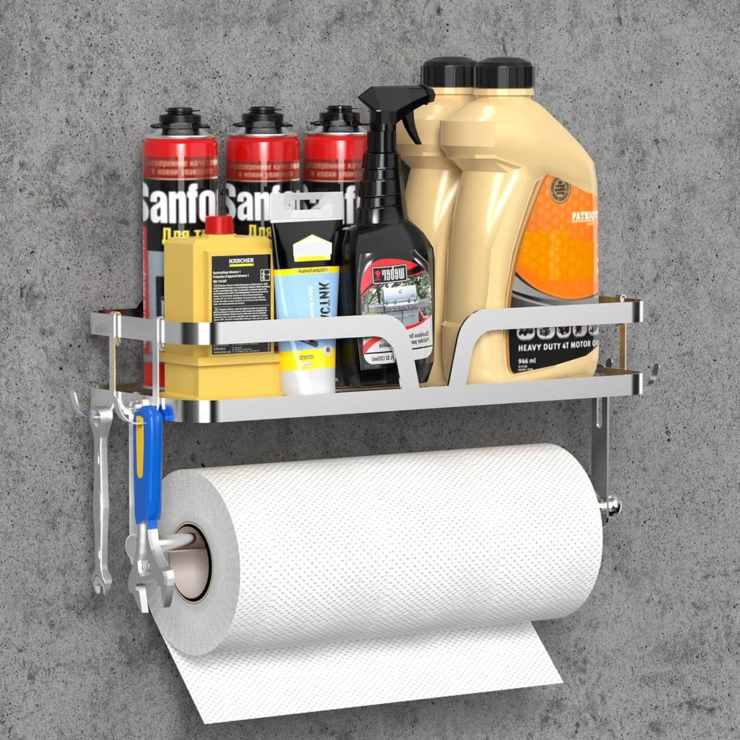 YIGII Garage Paper Towel Holder with Shelf, 2-in-1 Wall Mounted Shop Paper Towel Roll Holder, Stainless Steel Adhesive Spice Rack with 4 Hooks for Kitchen and Tool Room, Silver