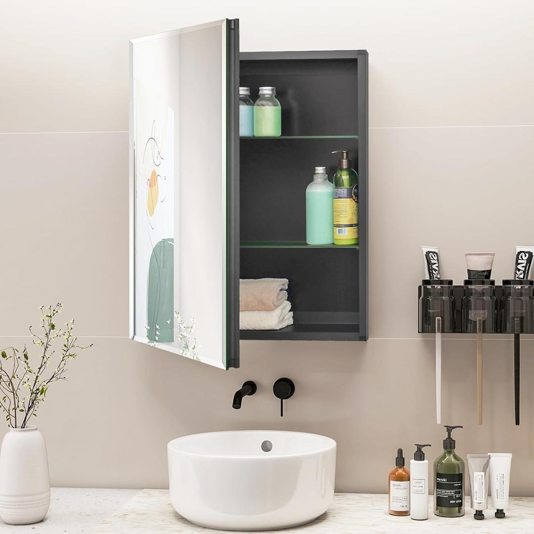 Fundin Medicine Cabinet 20 x 26 inches Mirror Size, Recessed or Surface Mount, Black Aluminum Bathroom Wall Cabinet with Mirror and Adjustable Shelves.