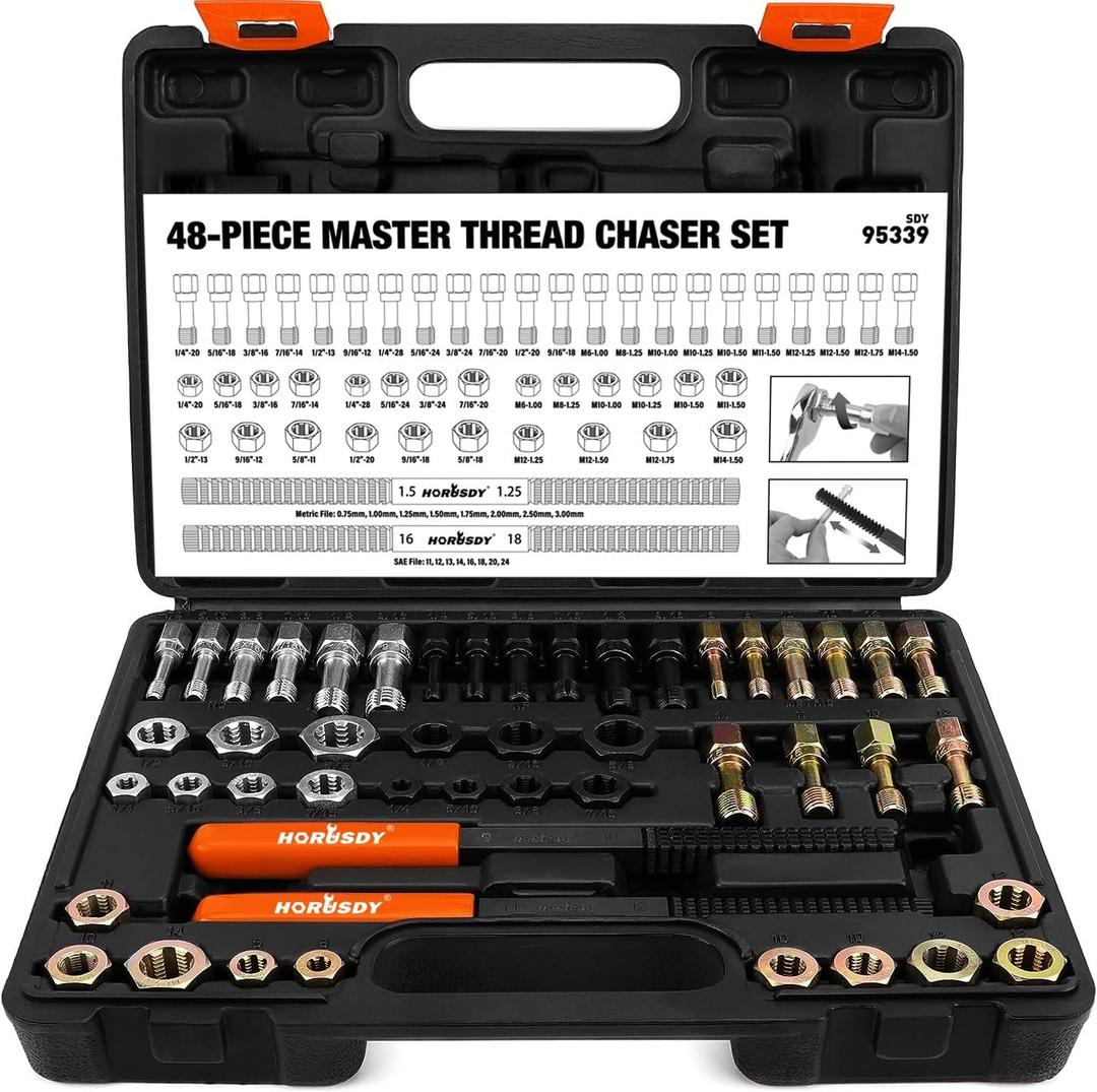 HORUSDY 48-Piece Thread Chaser Set, UNF UNC and Metric Thread Chaser Kit,Rethreading Kit, Thread Repair Kit