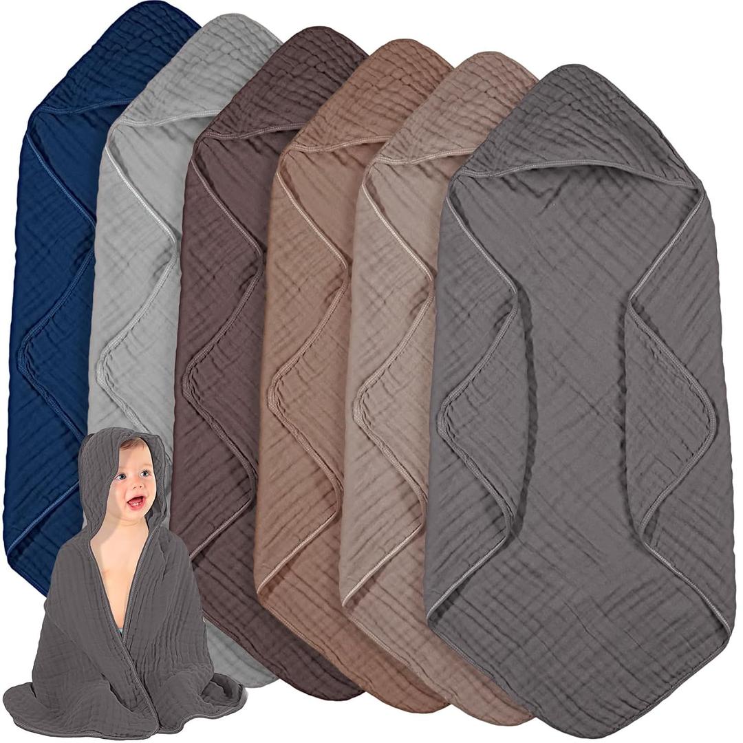 Peryiter 6 Pcs Muslin Hooded Baby Towels 32 x 32 Inch Cotton Newborn Bath Essentials Muslin Infant Blankets Absorbent Registry Gifts for Girl Boy Kids Baby Shower (Gray Series)