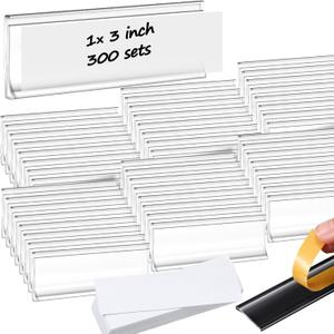 Yexiya 300 Pieces Label Holder Self Adhesive Clear Pocket 3 x 1 Inch Plastic Shelf Tag Sticking Price Label Holders with Paper Inserts for Supermarket School Library Bookshelves Mailbox Storage Bins