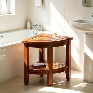 Teak 18" Corner Shower Bench Stool for Inside Shower, Waterproof Bath Chair with Storage Shelf, Assembly Required
