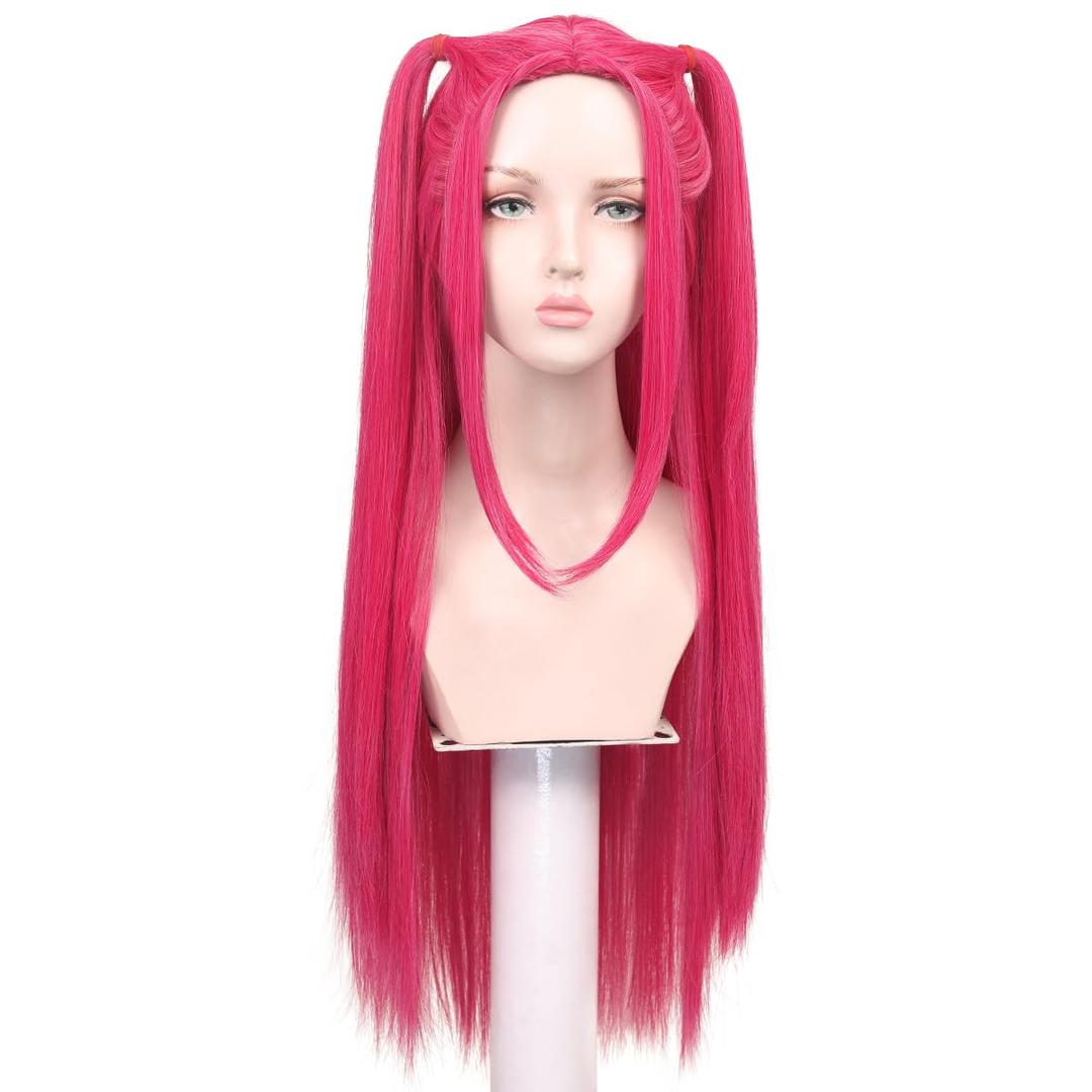ColorGround Long Straight Hot Pink Cosplay Wig with 2 Ponytails for Women Halloween Party Costume