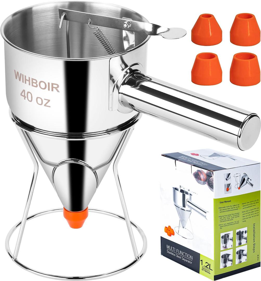 Stainless Steel Pancake Batter Dispenser with Squeeze Handle and Multi-Nozzle, for Pancakes, Cupcakes, and Baked Goods. 40 oz