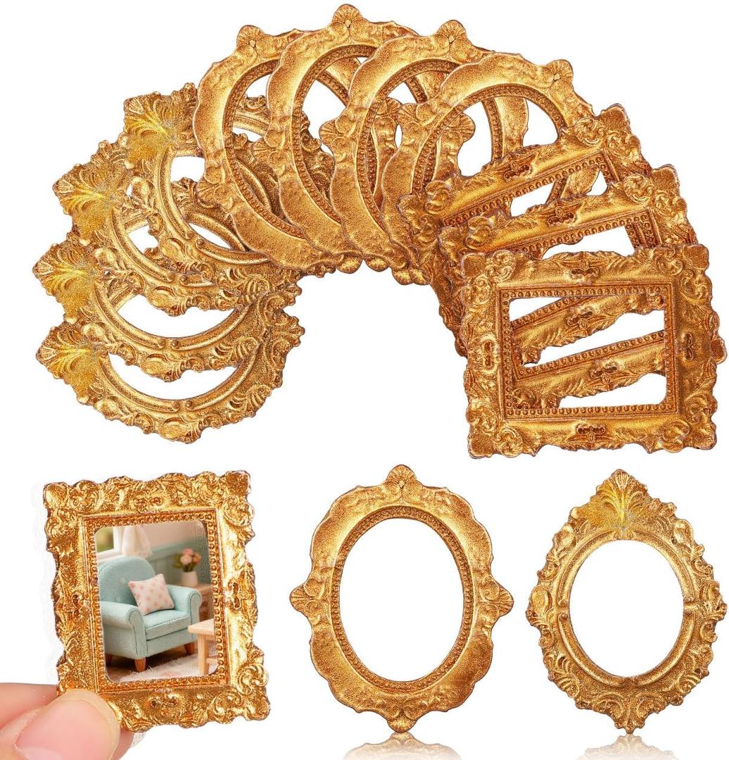 15pcs Miniature Frames Gold, Mini Ornate Picture Frames for Dollhouse Accessories, Vintage Tiny Resin Photo Frames for Wall Decor, DIY Crafting Embellishments, Small Antique Frame Set