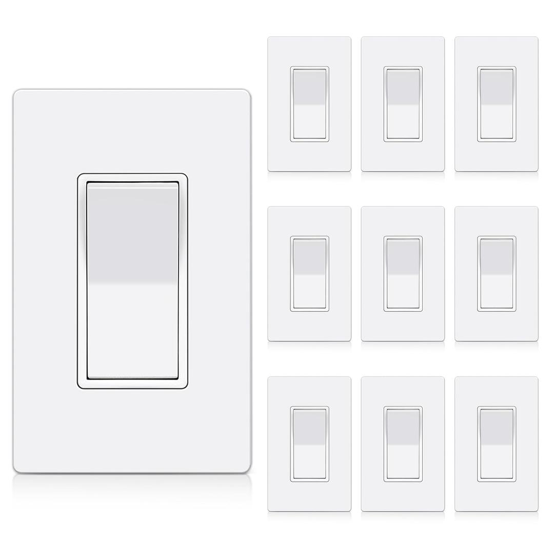 BESTTEN 10 Pack Single Pole Decorator Wall Light Switch with Screwless Wallplate, 15A 120/277V, On/Off Paddle Rocker Interrupter, UL Listed, White