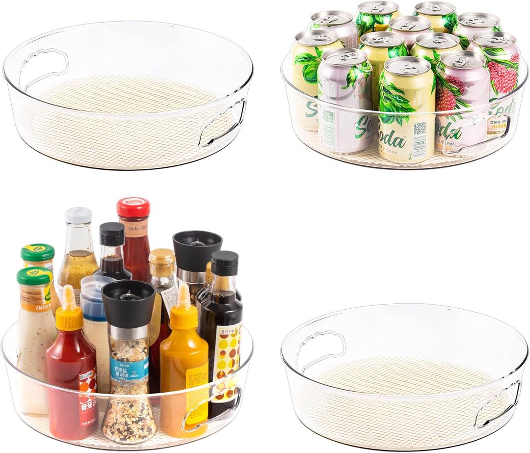 4 Pack Lazy Susan Organizer for Cabinet with Handle, 12 inch Clear Spinning Storage Lazy Susan Turntable for Pantry, Kitchen Sink, Fridge, Bathroom, Countertop, Non-Skid Liners Included, Round