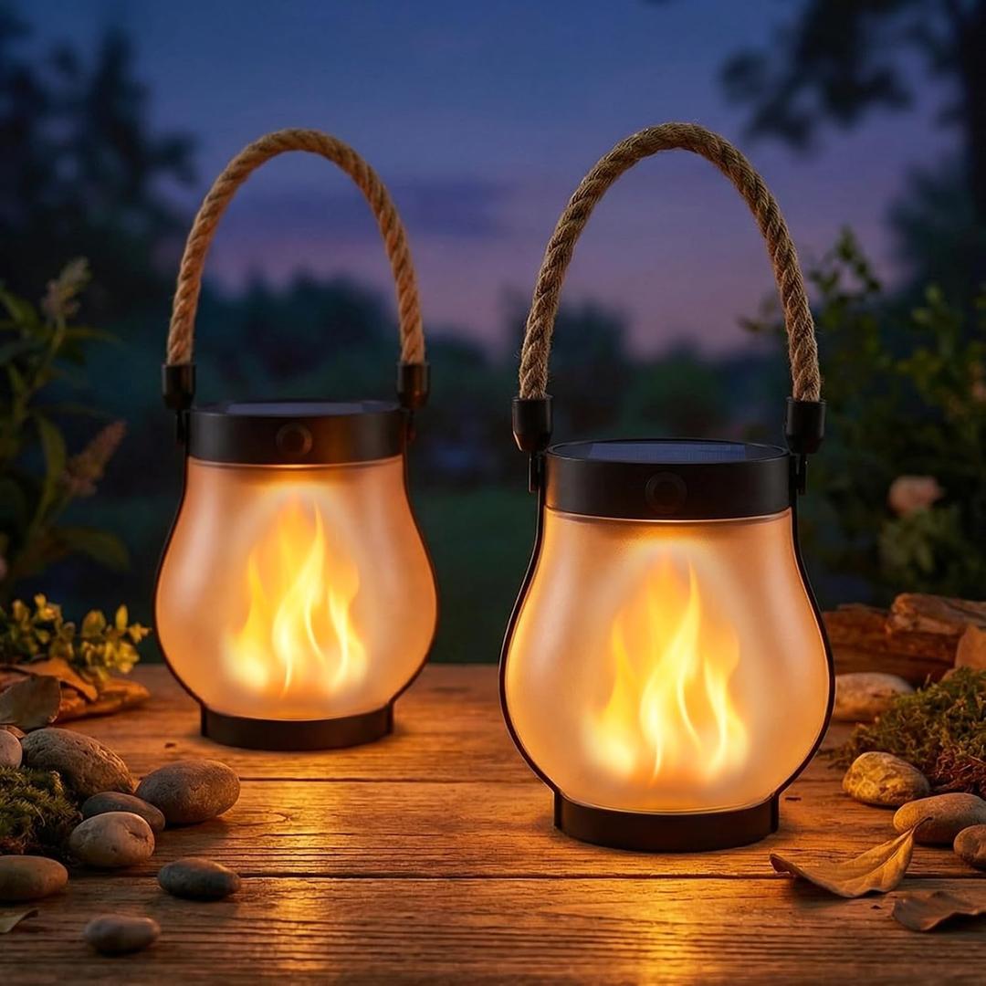 Solar Lanterns Outdoor Waterproof 2 Pack, Outdoor Solar Lanterns with Flickering Flame Effect, USB-C & Solar Charging, Auto Dusk to Dawn, Hanging Light for Garden Patio Yard