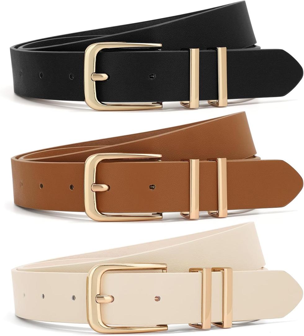 XZQTIVE 3 Pack Women Belts For Jeans Dresses Pants Ladies Leather Waist Belt with Gold Buckle (Fit Pant 24-29in, Square Buckle Black+brown+beige)