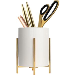 Gold pencil cup Sturdy metal frame with white ceramic pen holder For desks and kitchen appliance holders (H 4.6'')