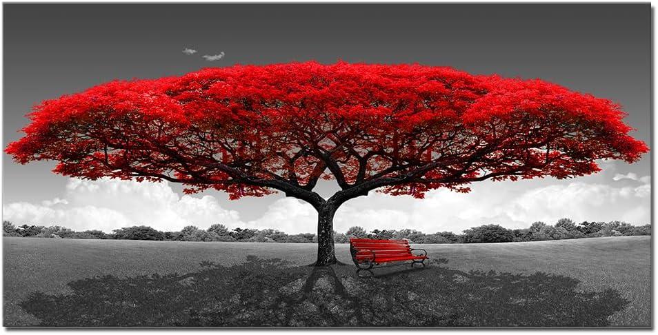 Red Tree Wall Art Black Grey Artwork for Living Room Office Bedroom Home Modern Landscape Forest Picture Large Sitting Room Decor Framed 20x40inch