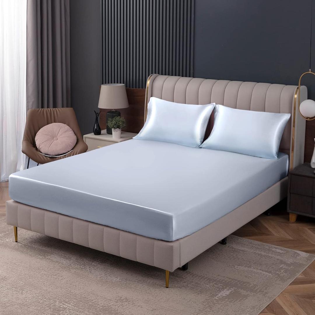 Homiest Baby Blue Satin Fitted Sheet - Twin Size, Deep Pocket, Luxury & Ultra Soft Bedding
