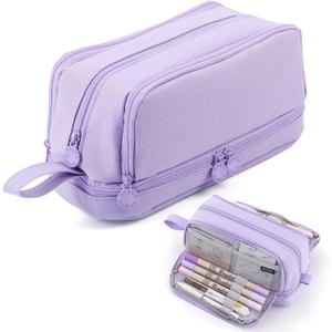 MAMUNU Large Capacity Pencil Case 4 Compartments, Pencil Pouch Bag with Zipper Portable Handle, Pen Case Bag Stationery Organizer for Office College School Adults Teen Girls Boys Men Women, Purple