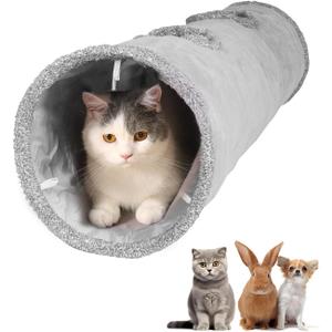 51 Inches Extra Long Cat Tunnels for Indoor Cats, Collapsible Pet Play Tube with Cat Toys and Two Peek Holes, Cat Hideout Hideaway for Big Cats, Kittens, Bunny Rabbits, Ferrets, Puppy (Gray)