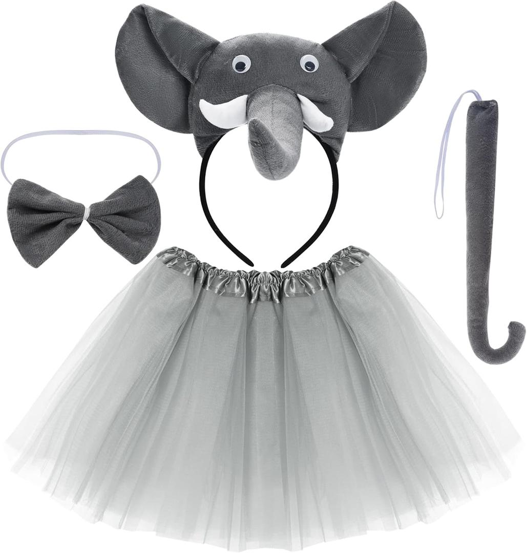 Dxhycc Elephant 3D Animal Costume Gray Elephant Costume Set Including Headband Tail Bowtie Tutu for Halloween Dress Up Party