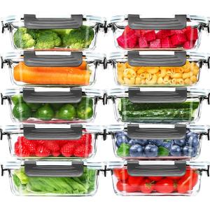 Skroam 10 Pack Glass Meal Prep Containers, 22 OZ Glass Airtight Food Storage Containers with Lids, Pantry Kitchen Storage Containers for Lunch, Food Storage, Meal Prep, Lunch Bento Boxes (Grey)