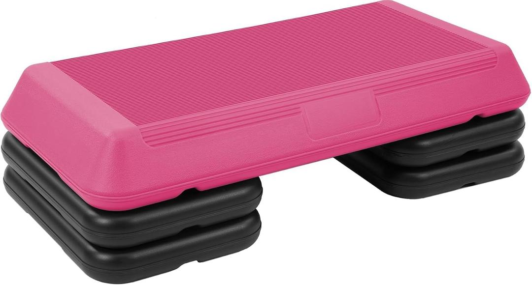 Step Aerobic Platform, Exercise Step with levels Adjustable Height, Stackable Risers, Fitness Training Workout Stepper for Home Gym, Cardio Strength, Black/Pink, 16x16