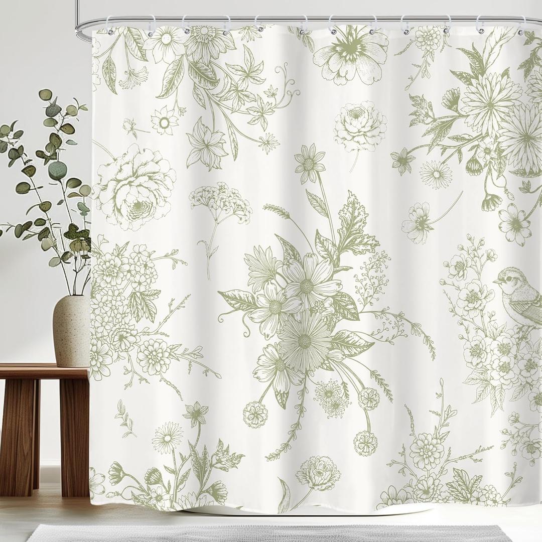 Sage Green Floral Shower Curtain 72Wx72H Inches Vintage Boho Blossom Bird Retro Rustic Farmhouse Chinoiserie Aesthetic Cream Fabric Waterproof Polyester Bathroom Home Decor Set with Hooks