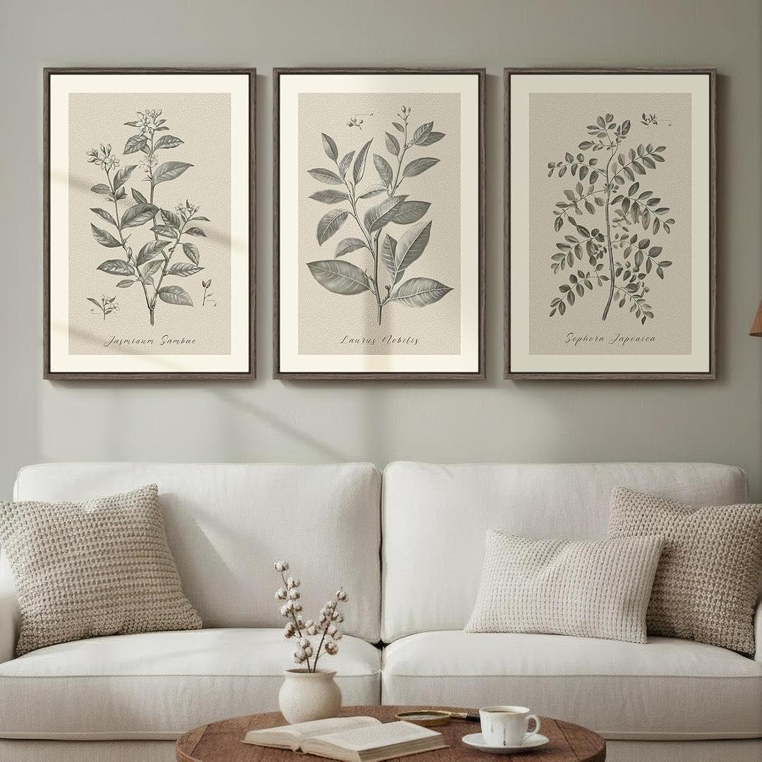 Framed Vintage Botanical Wall Art, 3 Piece Neutral Floral Plants Canvas Painting Prints Artwork for Living Room, Rustic Flowers Pictures for Farmhouse Bedroom Kitchen Dining Room Home Decor, 16x24