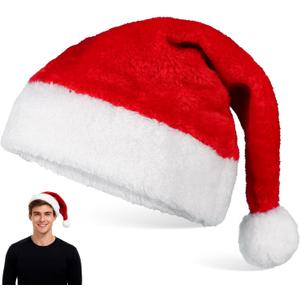 Christmas Hat for Adults - Red Santa Hat Thickened Plush Design - Unisex Adult Santa Hat for Holiday Party & Family Gathering Headwear