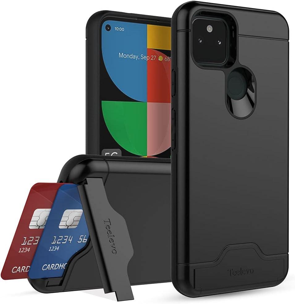 Teelevo Wallet Case for Google Pixel 5a 5G, Dual Layer Case with Card Slot Holder and Kickstand for Google Pixel 5a 5G - Black
