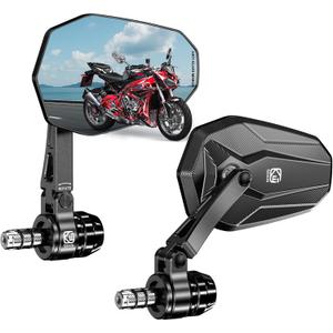 Aluminum Alloy Rainproof Foldable Motorcycle Bar End Mirrors, CNC Machined Anti-Glare Blue Lenses Motorcycle Rear View Mirrors, Multi-Angle Adjustable Fit for 12-18mm Handlebar Inner Diameter
