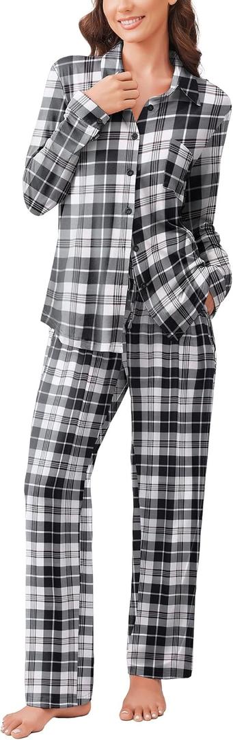 Ekouaer Womens Pajama Sets Button Down Pjs Sets Soft Long Sleeve Sleepwear Button Up Loungewear with Pockets, S-XXL (Black and Grey Plaid)