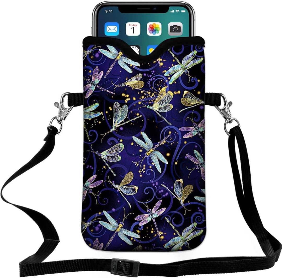 Universal Neoprene Cell Phone Pouch 7.1 X 4 in Mobile Protection Case Bag with Crossbody Strap/Neck Lanyard Dragonfly Printed Pattern