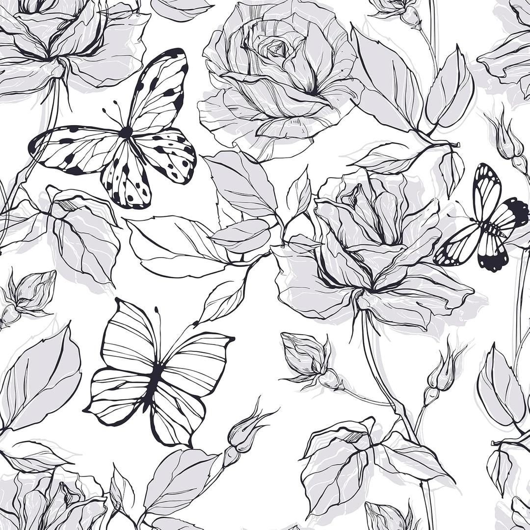 Black and White Butterfly Wallpaper 12"x100" Vintage Ink Painting Rose Floral Wallpaper Peel and Stick Butterfly Contact Paper Self Adhesive Removable Vinyl Film for Cabinets Drawers Walls