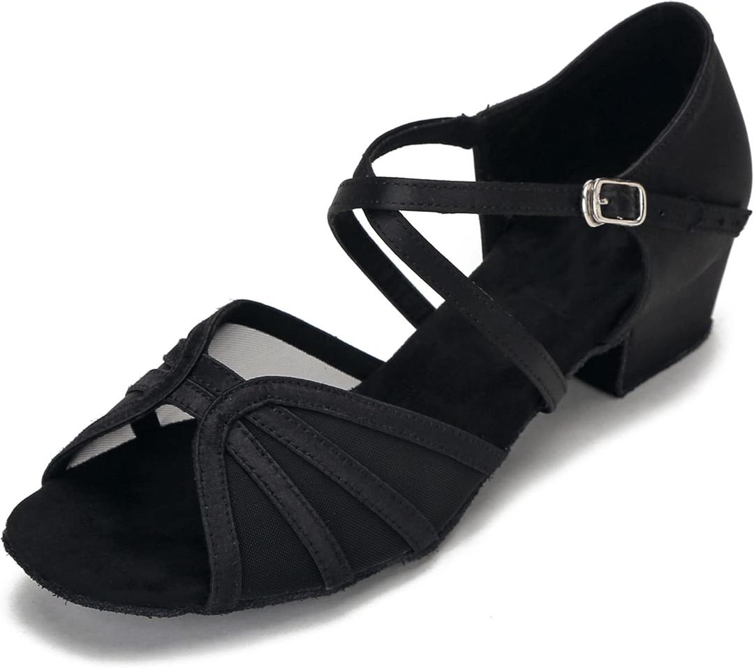 Low Heel Ballroom Dance Shoes Women Latin Salsa Practice Dancing Shoes 1.5 Inch Heel ZB14 (7, Black)