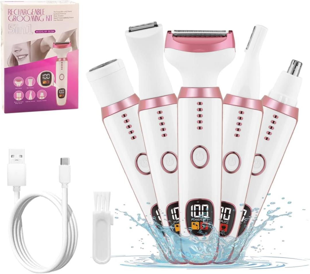Electric Razors for Women, 5 in 1 Painless Ladies Wet & Dry Body Razors and Facial Hair Remover, Rechargeble Facial and Body Hair Remover for Face Nose Eyebrow Arms Armpit Legs Pubic AreaWhite